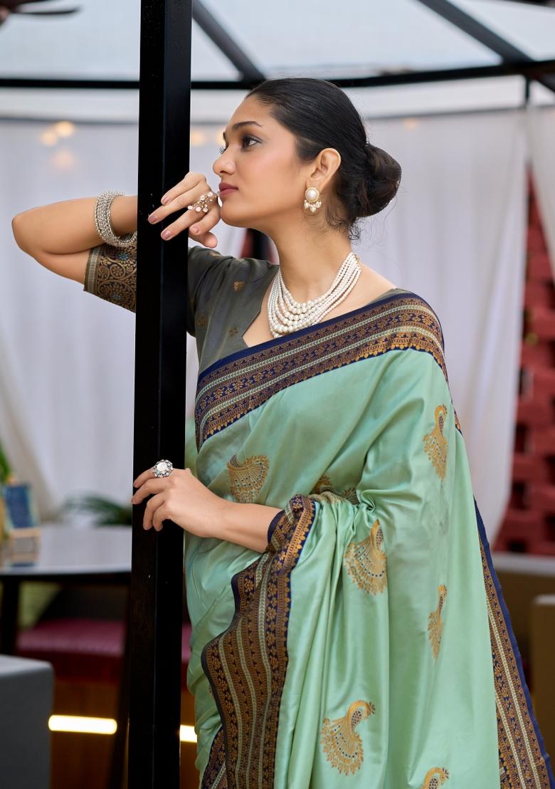 Light Green Woven Design Silk Blend Saree Set - Indya