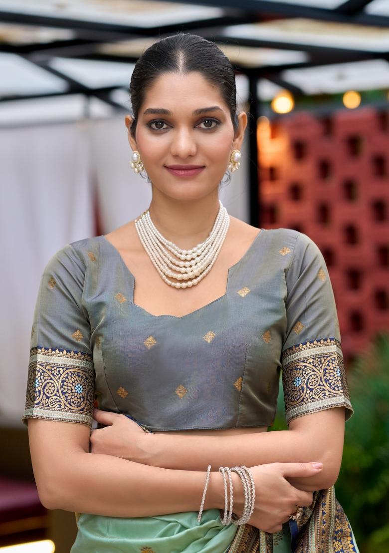 Light Green Woven Design Silk Blend Saree Set - Indya