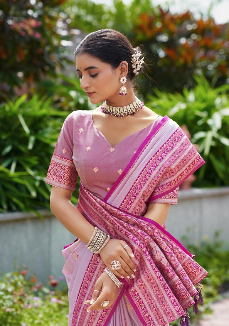 Lavender Woven Design Silk Blend Saree Set - Indya