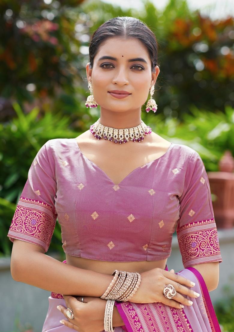 Lavender Woven Design Silk Blend Saree Set - Indya