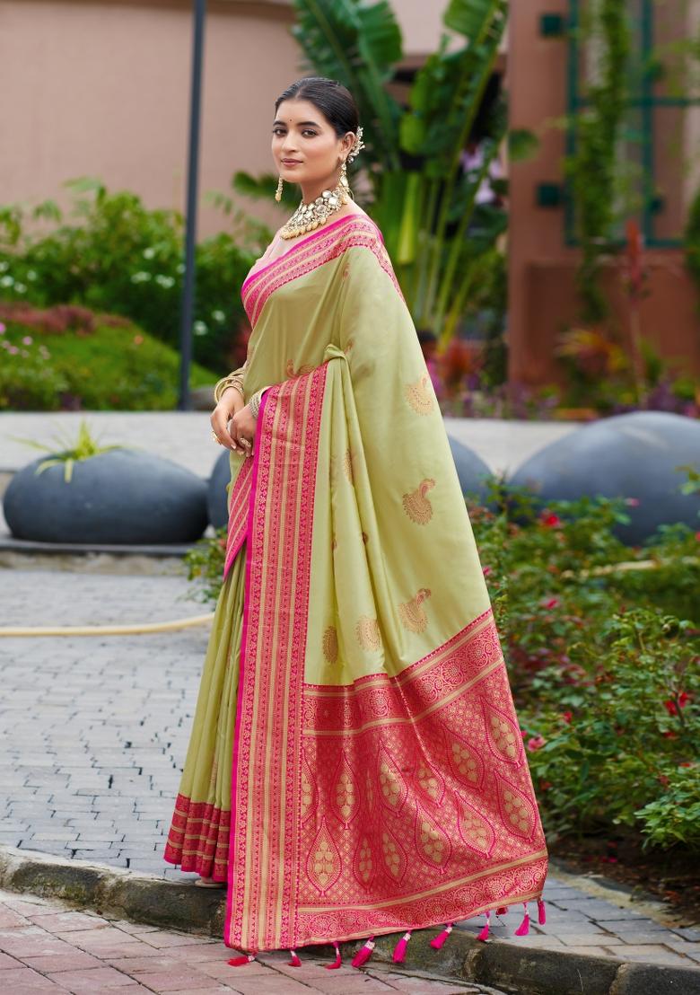 Parrot Green Woven Design Silk Blend Saree Set - Indya