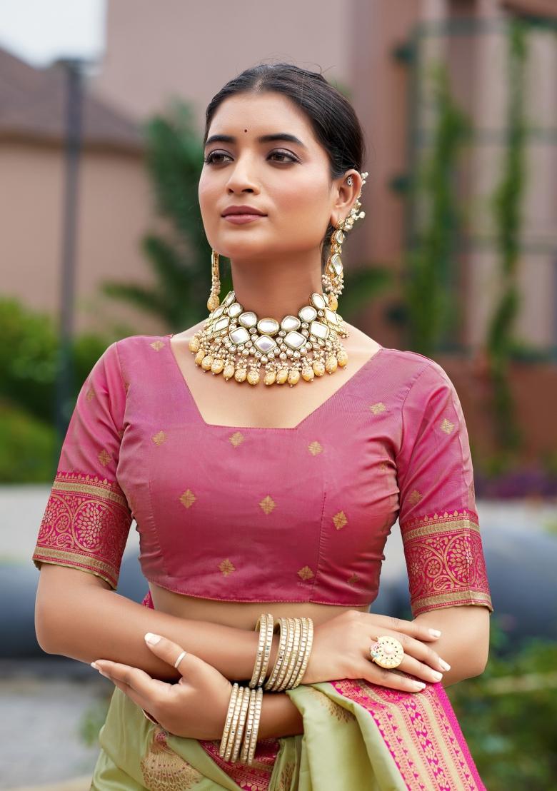 Parrot Green Woven Design Silk Blend Saree Set - Indya