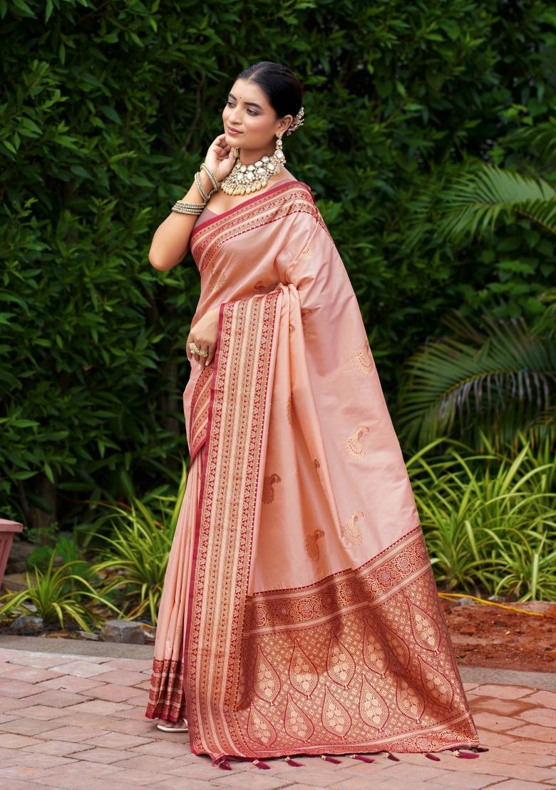 Peach Woven Design Silk Blend Saree Set - Indya