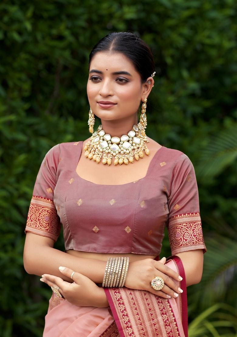 Peach Woven Design Silk Blend Saree Set - Indya