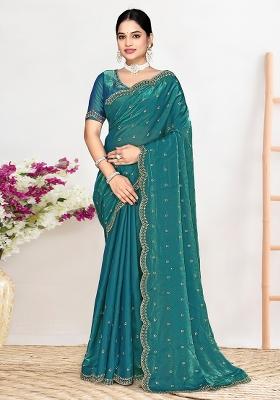 Teal Green Sequin Work Silk Blend Saree Set