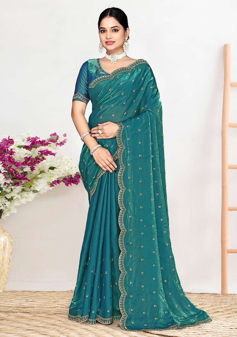 Teal Green Work Silk Blend Saree Set with Sequin for Diwali | Wedding & Festive Wear - Indya