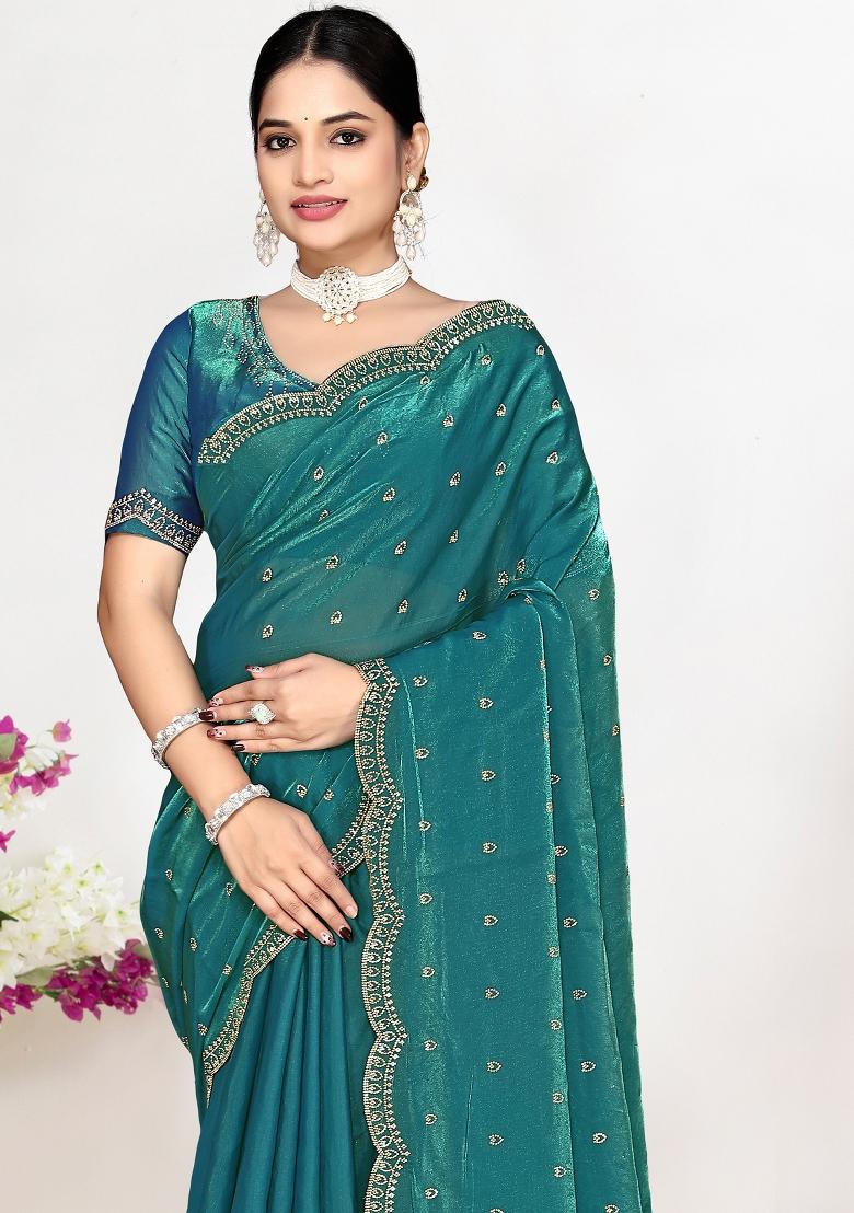 Teal Green Sequin Work Silk Blend Saree Set - Indya