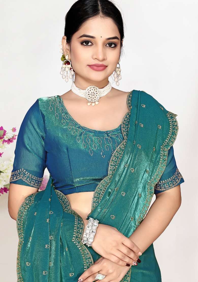Teal Green Work Silk Blend Saree Set with Sequin for Diwali | Wedding & Festive Wear - Indya