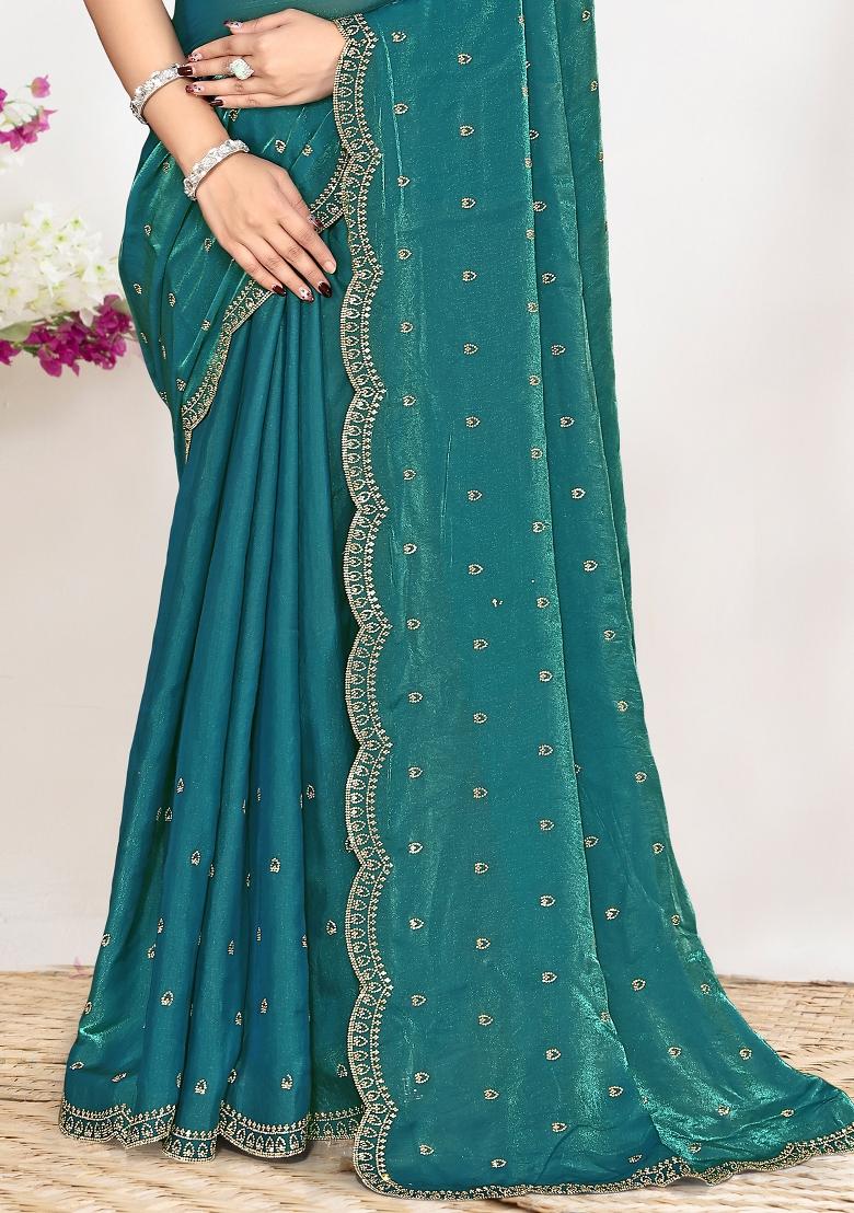 Teal Green Sequin Work Silk Blend Saree Set - Indya