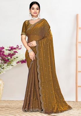 Brown Sequin Work Silk Blend Saree Set