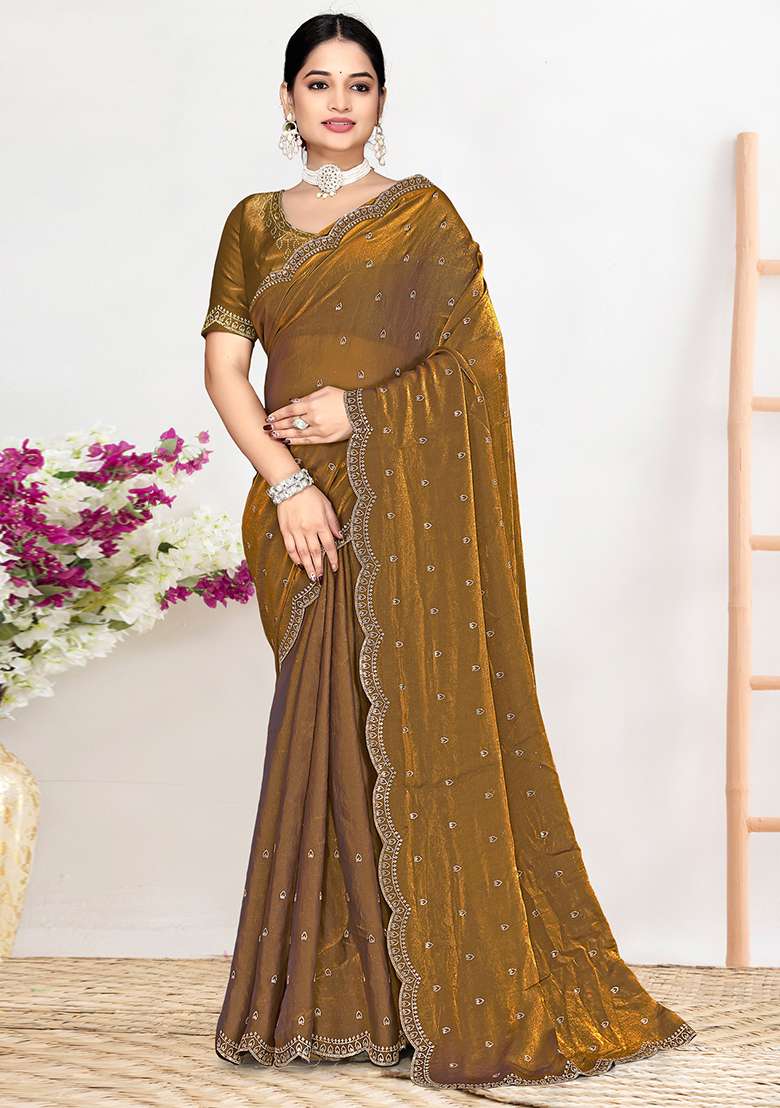 Brown Sequin Work Silk Blend Saree Set for Diwali and Festive Wear - Indya