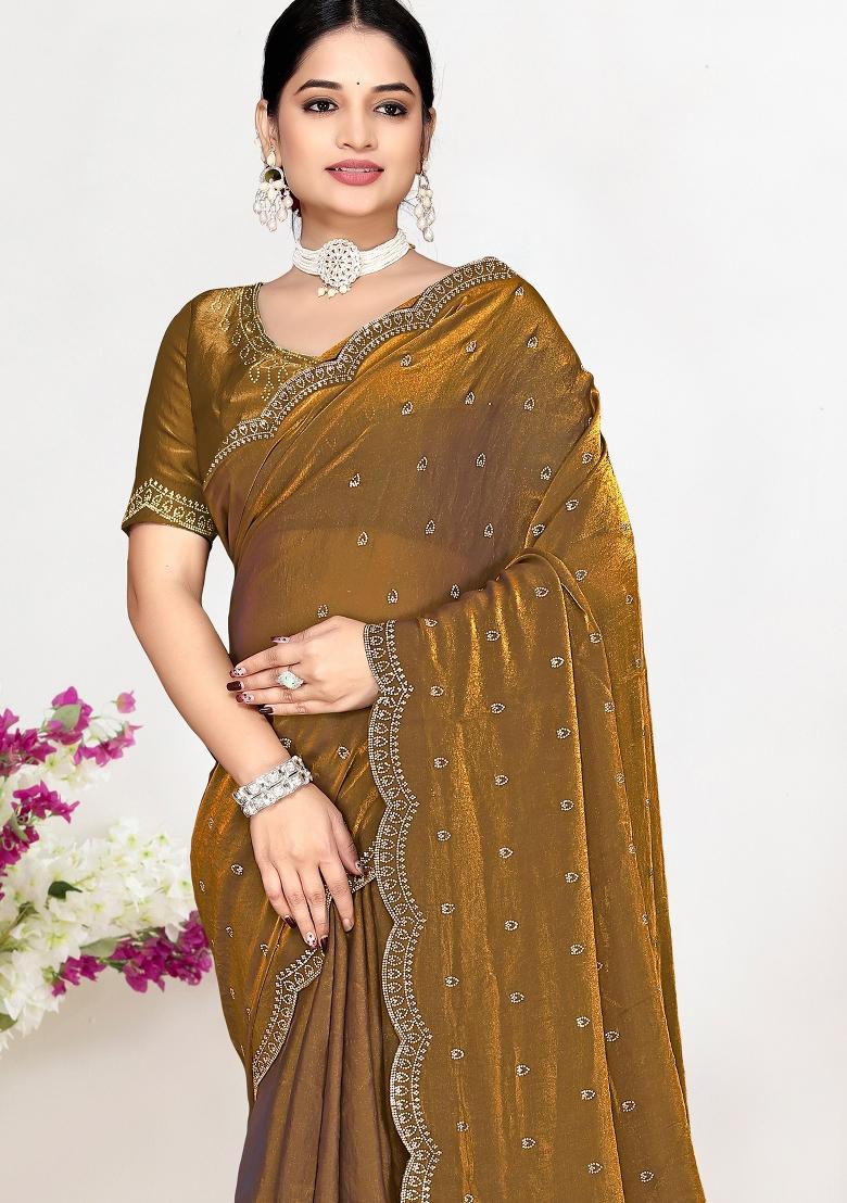 Brown Sequin Work Silk Blend Saree Set - Indya