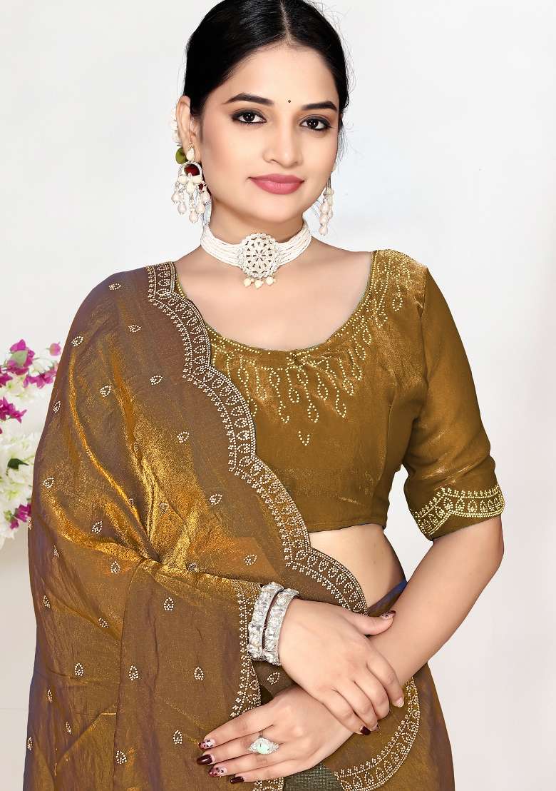 Brown Sequin Work Silk Blend Saree Set for Diwali and Festive Wear - Indya