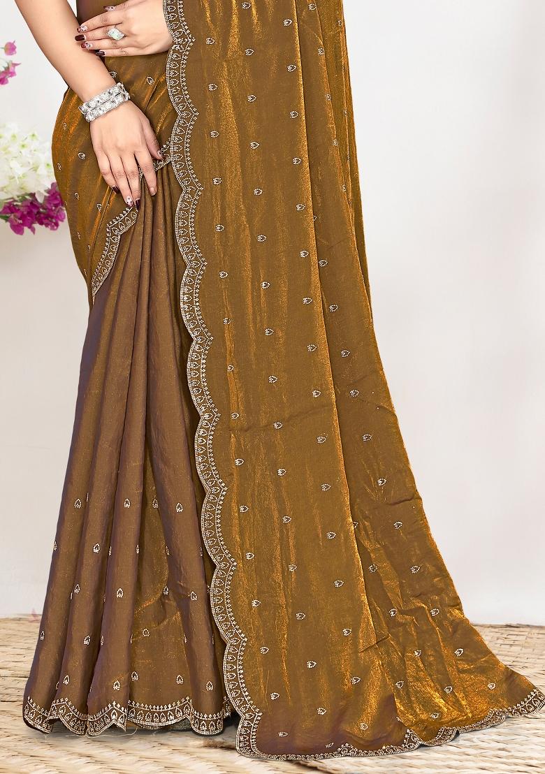 Brown Sequin Work Silk Blend Saree Set - Indya