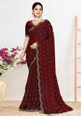 Maroon Sequin Work Silk Blend Saree Set