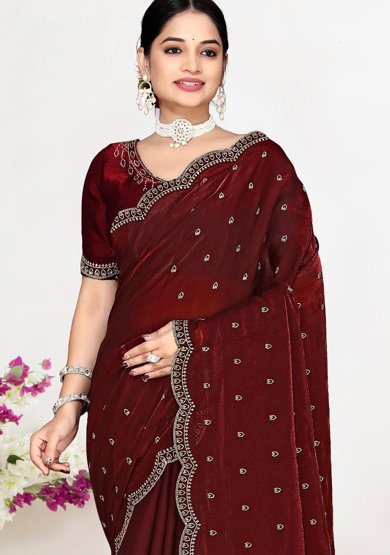 Maroon Sequin Work Silk Blend Saree Set - Indya