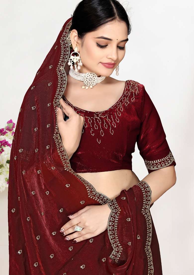 Maroon Sequin Work Silk Blend Saree Set for Diwali and Festive Wear - Indya