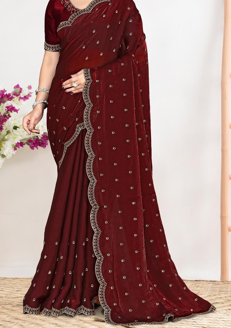 Maroon Sequin Work Silk Blend Saree Set - Indya