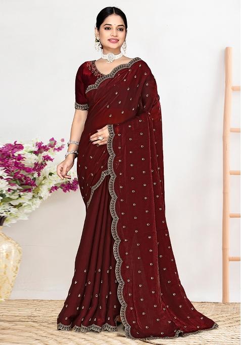 Maroon Sequin Work Silk Saree Set