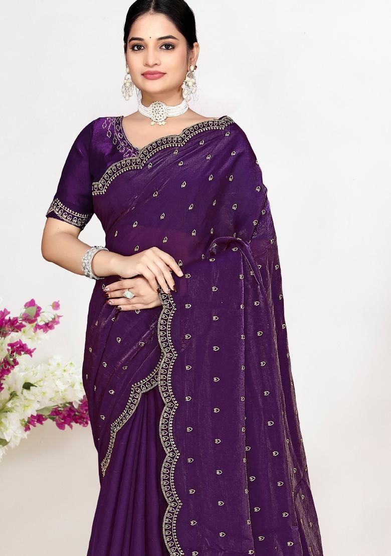 Purple Sequin Work Silk Blend Saree Set - Indya