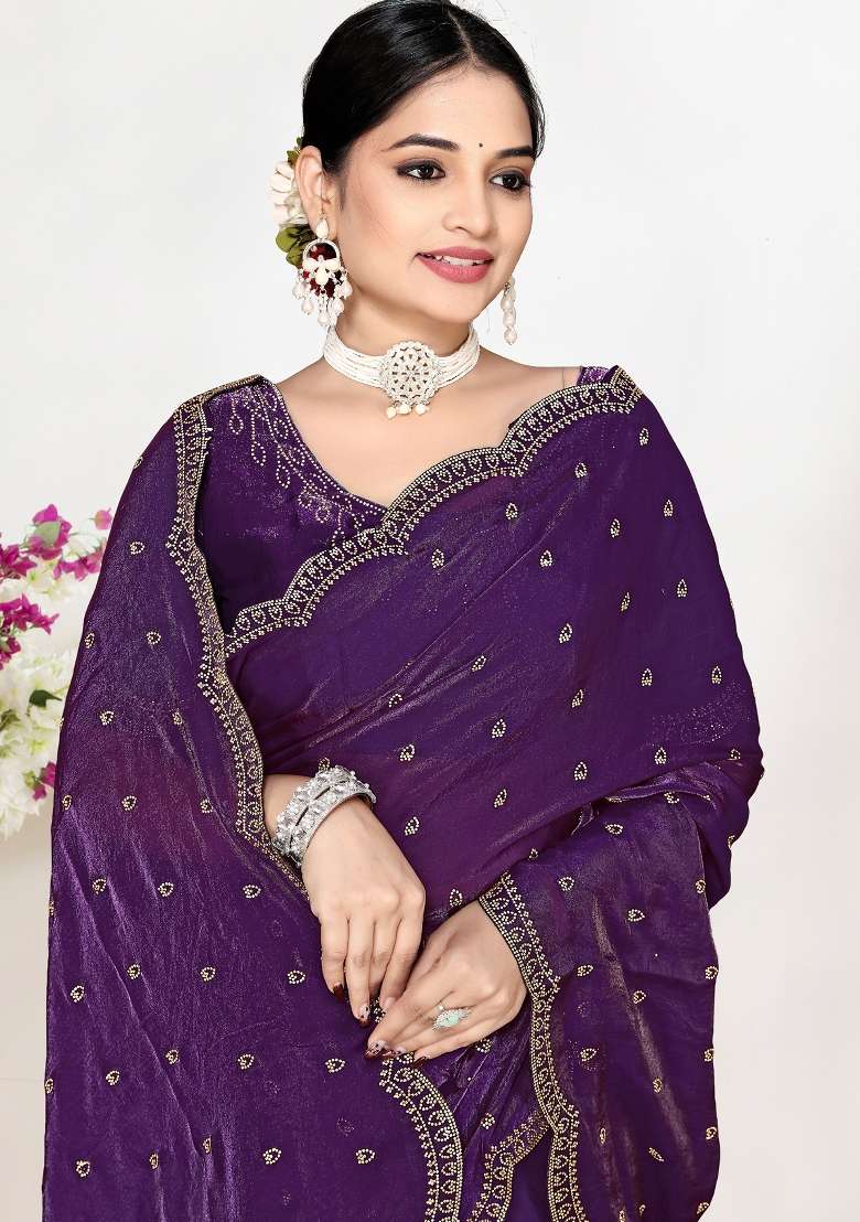 Purple Sequin Work Silk Blend Saree Set for Diwali and Festive Wear - Indya
