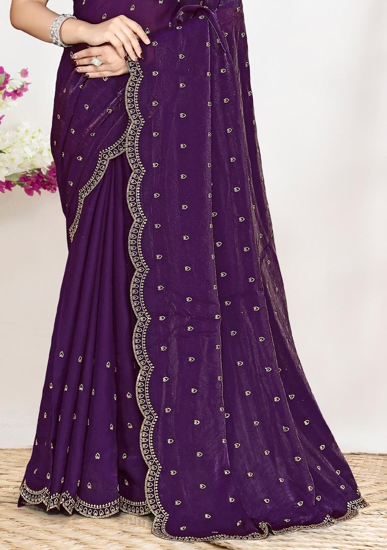 Purple Sequin Work Silk Blend Saree Set - Indya