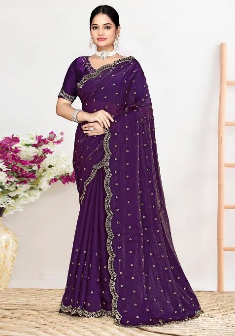 Purple Sequin Work Silk Blend Saree Set