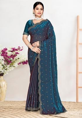 Teal Blue Sequin Work Silk Blend Saree Set