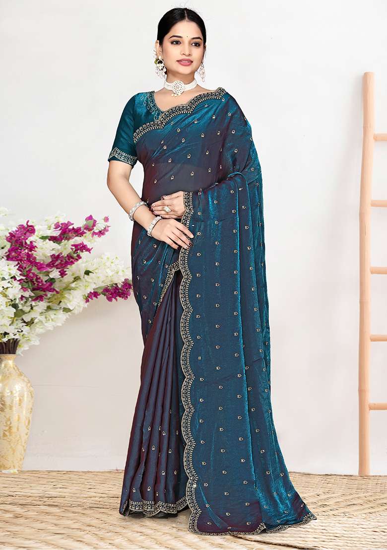 Teal Blue Sequin Work Silk Blend Saree Set for Diwali and Festive Wear - Indya
