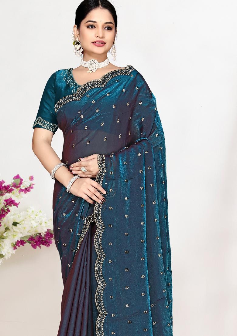 Teal Blue Sequin Work Silk Blend Saree Set - Indya