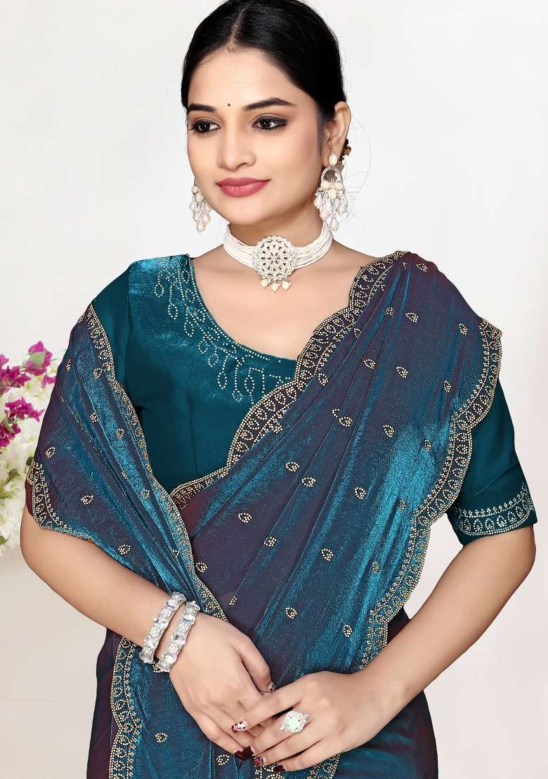 Teal Blue Sequin Work Silk Blend Saree Set for Diwali and Festive Wear - Indya