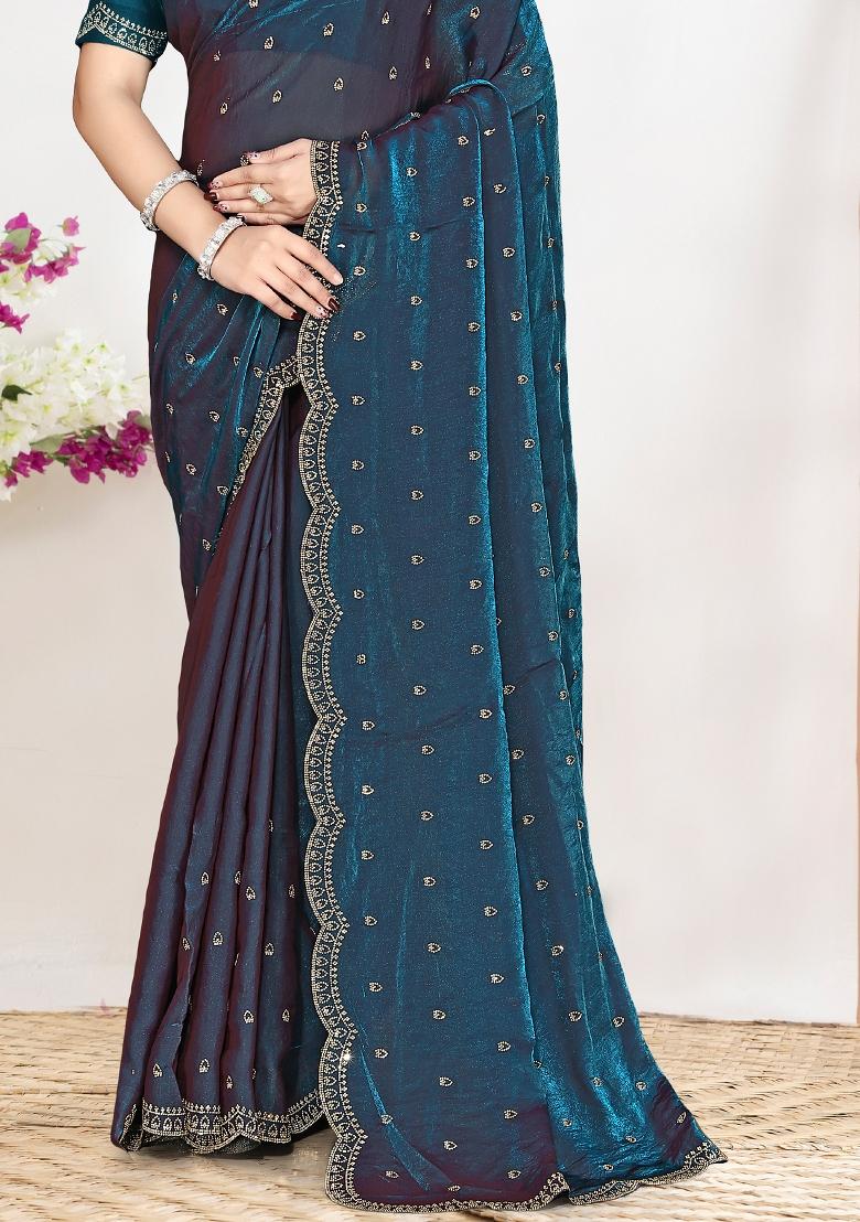 Teal Blue Sequin Work Silk Blend Saree Set - Indya