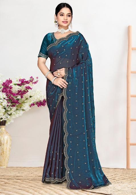 Teal Blue Sequin Work Silk Blend Saree Set