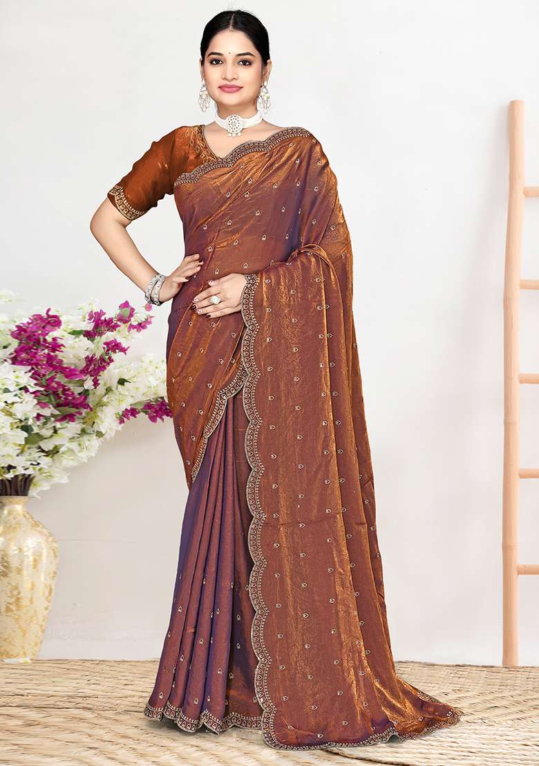 Rust Work Silk Blend Saree Set with Sequin for Diwali | Wedding & Festive Wear - Indya