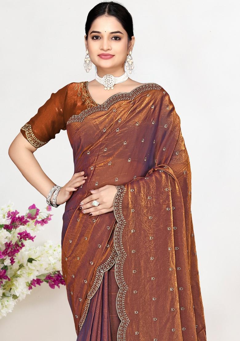 Rust Sequin Work Silk Blend Saree Set - Indya
