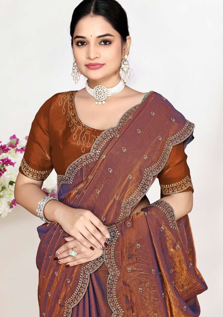 Rust Work Silk Blend Saree Set with Sequin for Diwali | Wedding & Festive Wear - Indya