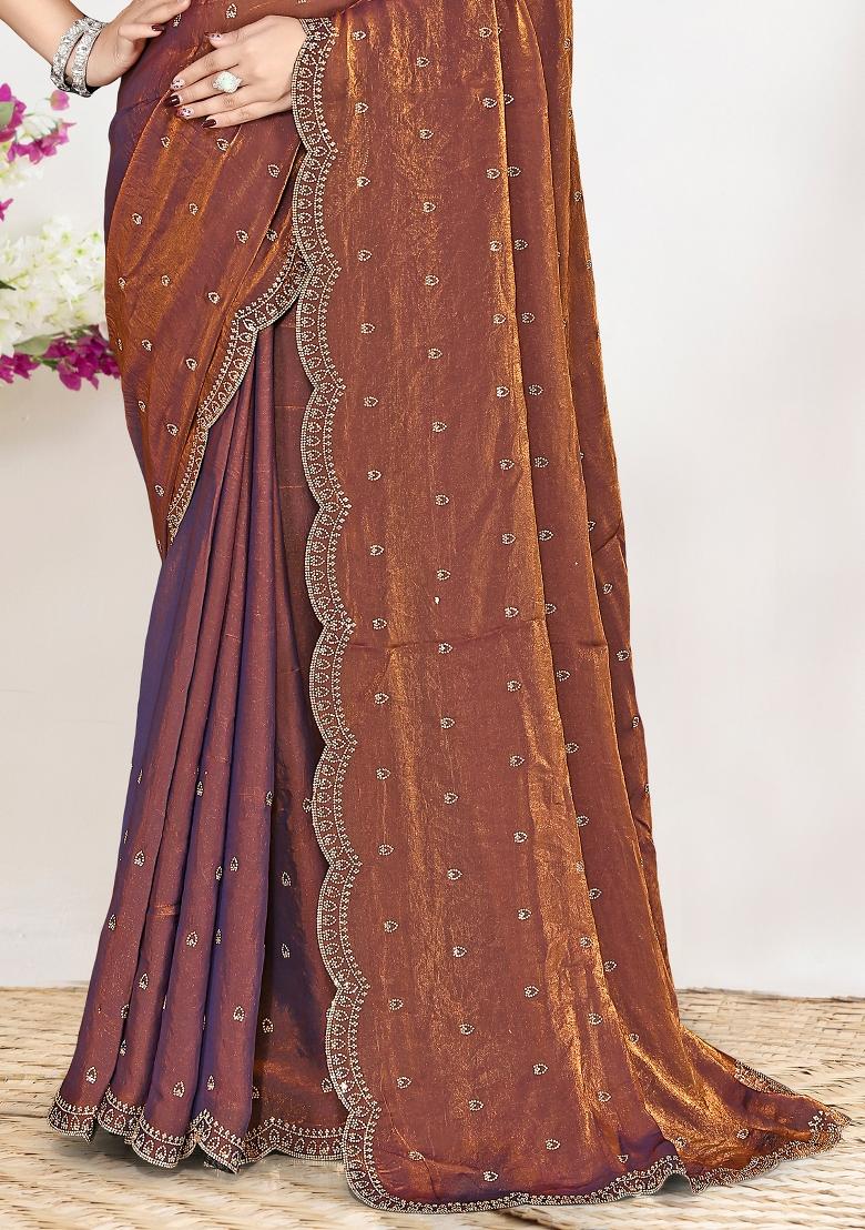 Rust Sequin Work Silk Blend Saree Set - Indya