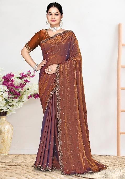 Rust Sequin Work Silk Saree Set