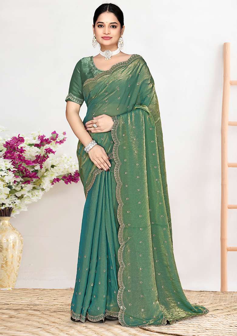 Green Sequin Work Silk Blend Saree Set for Diwali and Festive Wear - Indya