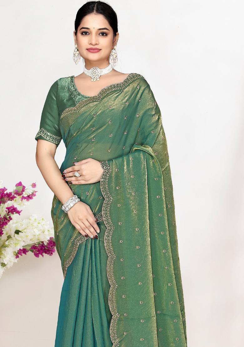 Green Sequin Work Silk Blend Saree Set - Indya