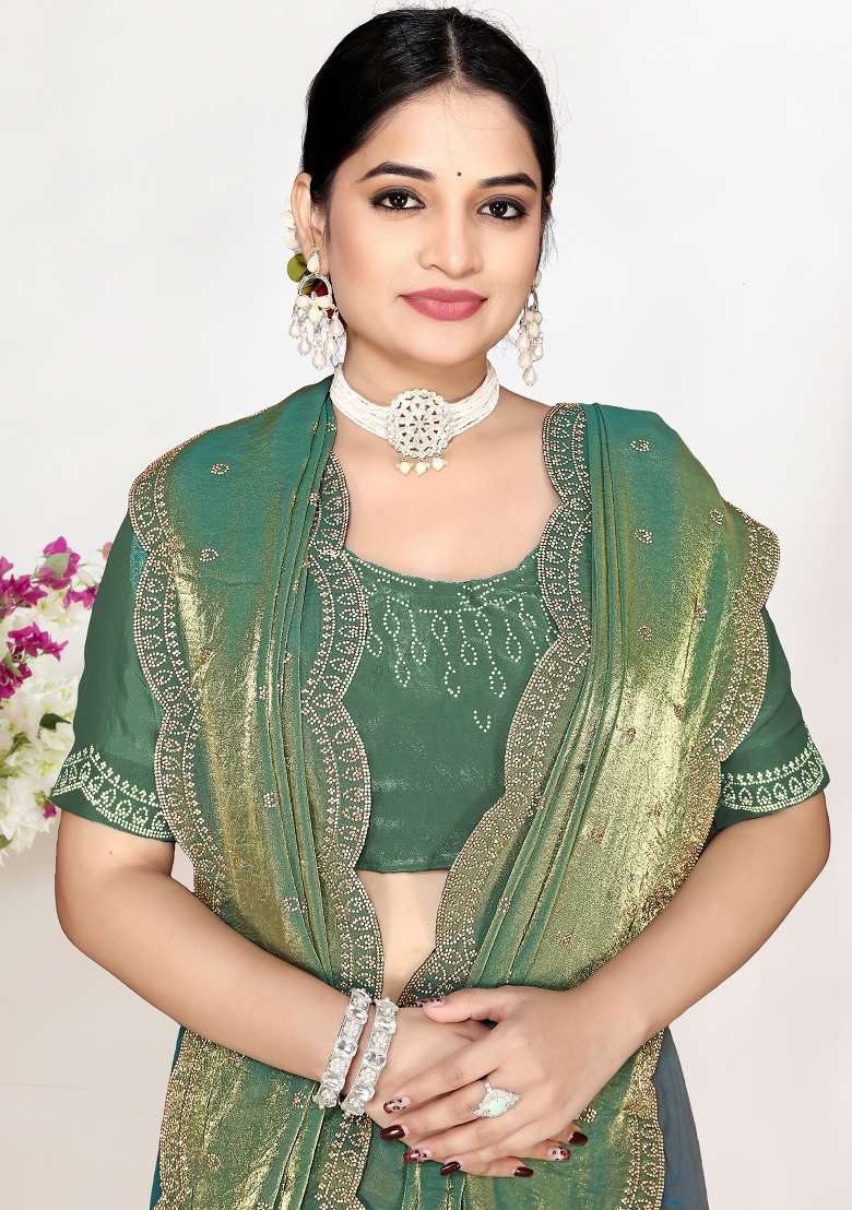 Green Sequin Work Silk Blend Saree Set for Diwali and Festive Wear - Indya