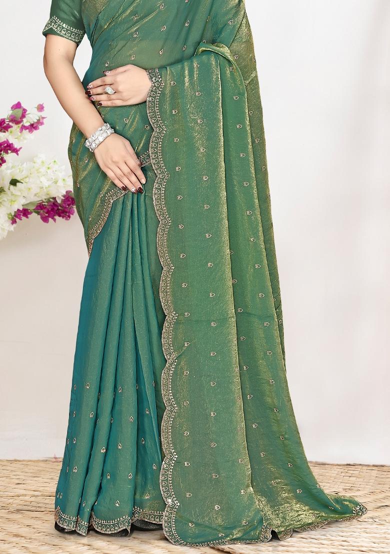 Green Sequin Work Silk Blend Saree Set - Indya