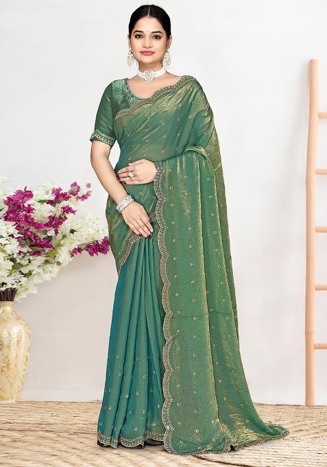 Green Sequin Work Silk Blend Saree Set
