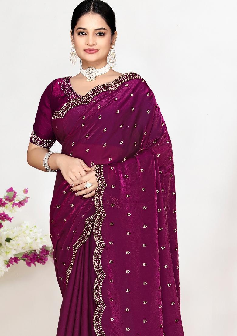 Wine Sequin Work Silk Blend Saree Set - Indya