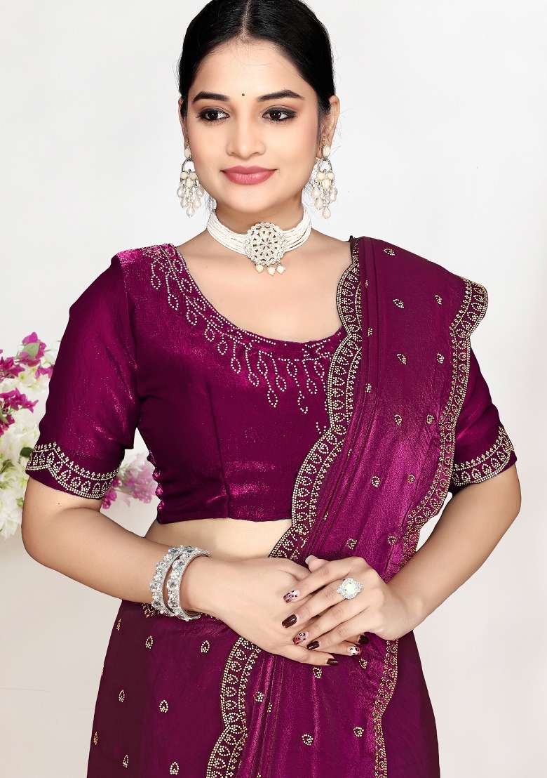 Wine Sequin Work Silk Blend Saree Set for Diwali and Festive Wear - Indya