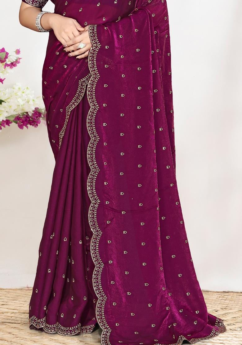 Wine Sequin Work Silk Blend Saree Set - Indya