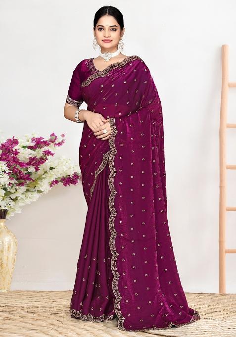 Wine Sequin Work Silk Saree Set