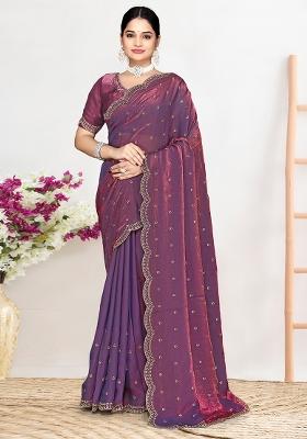 Purple Sequin Work Silk Blend Saree Set