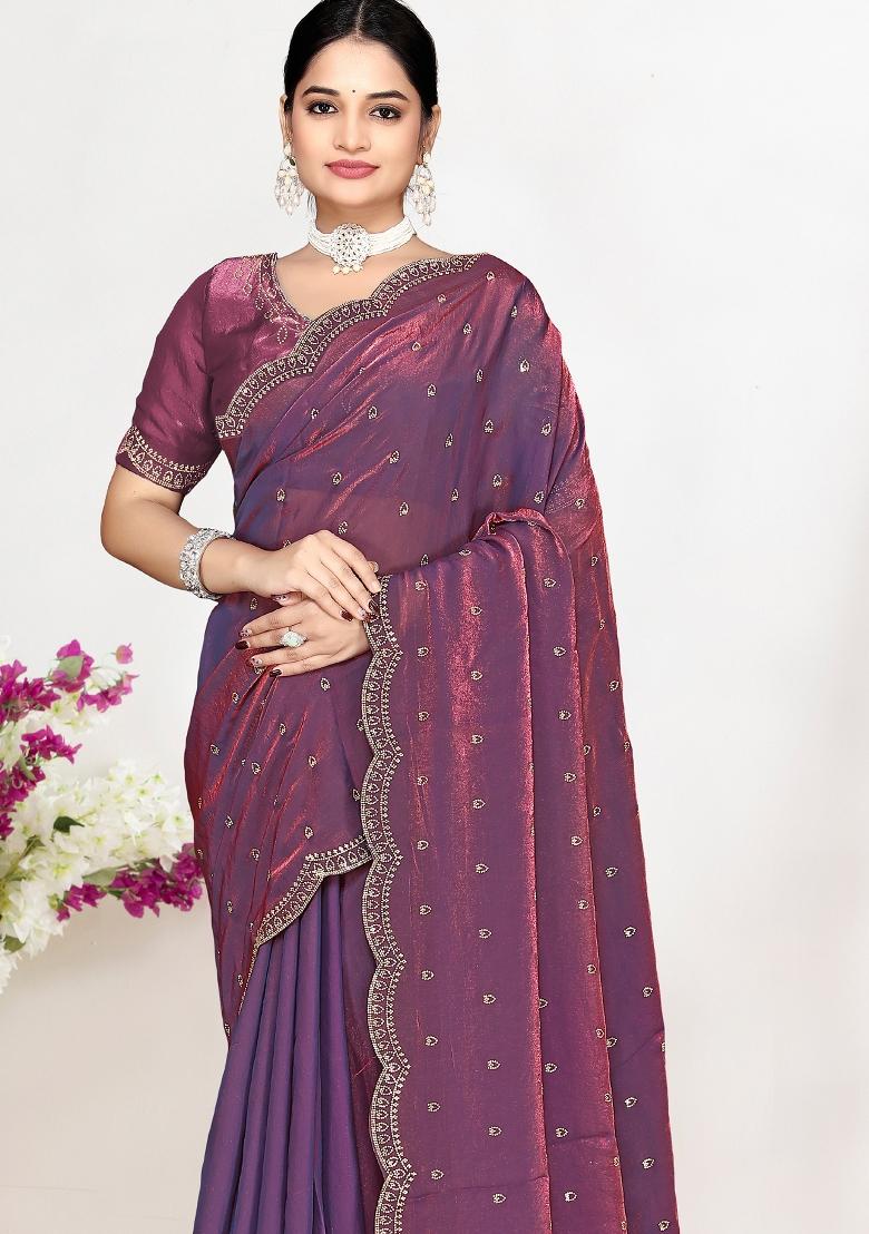 Purple Sequin Work Silk Blend Saree Set - Indya