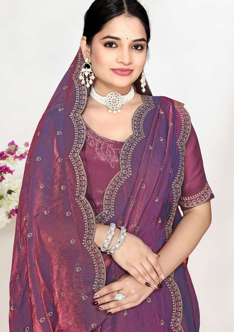 Purple Sequin Work Silk Blend Saree Set for Diwali and Festive Wear - Indya